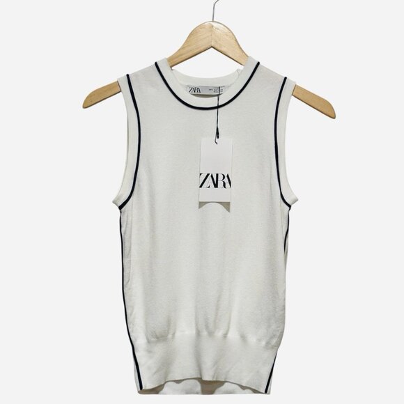 NWT Zara Sleeveless Top Stretch Knit Preppy Nautical White Navy Women’s Small - Picture 3 of 9